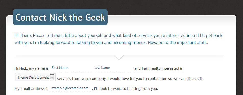 Madlib style contact form and example text